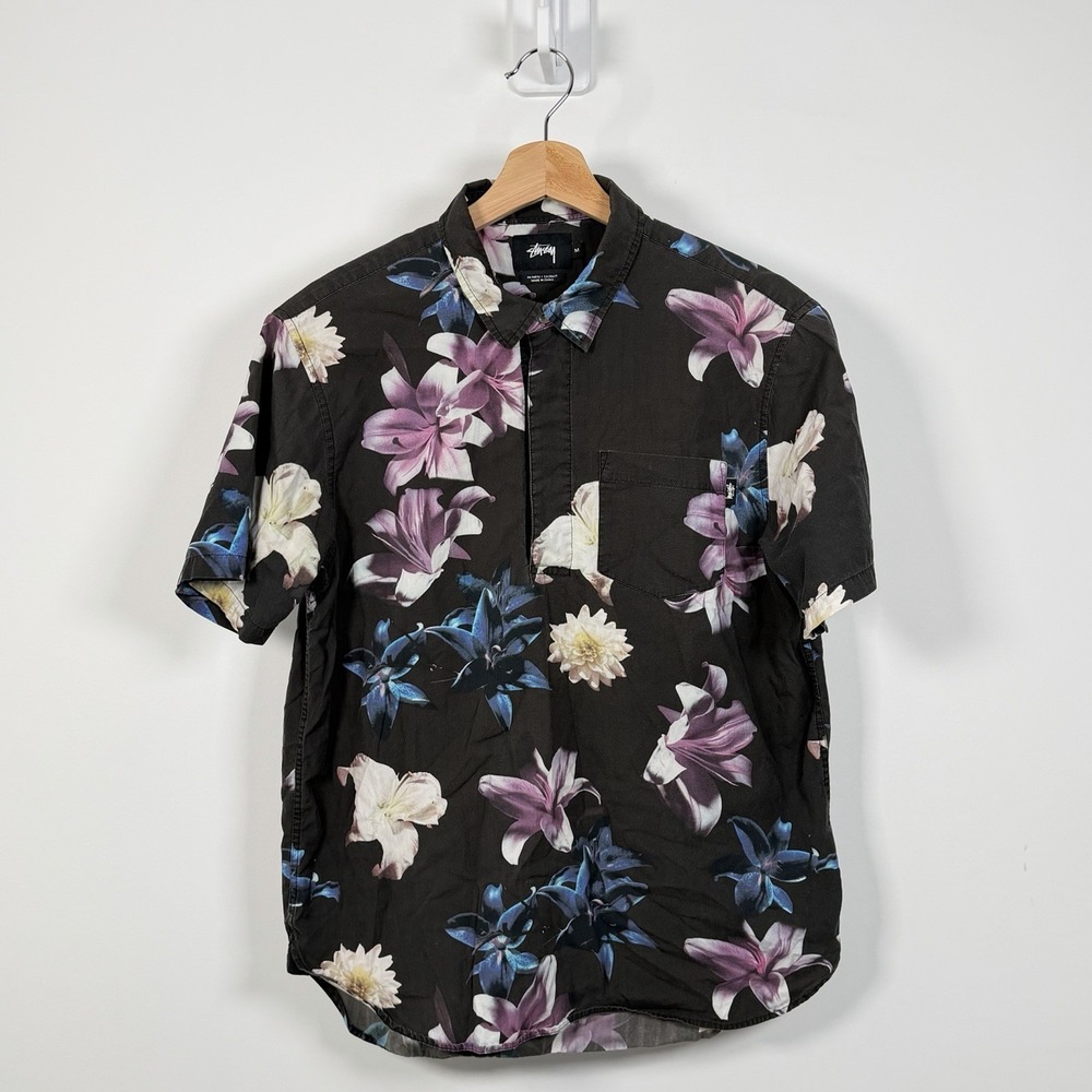 Stussy Shirt Men Medium Black Floral Short Sleeve Button Front Casual Streetwear